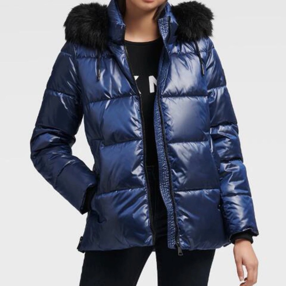 DKNY Shiny Blue Puffer Coat with Faux Fur Trim